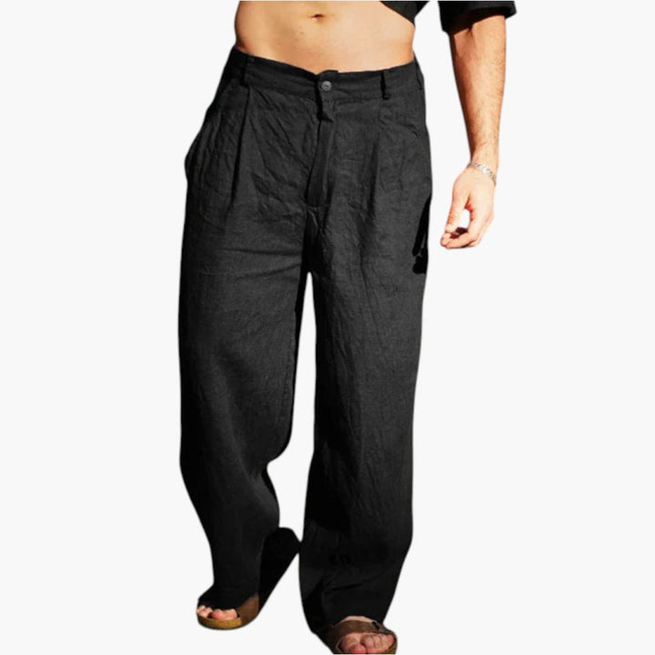 Casual men's wide-leg linen pants. Pleated, relaxed fit, drawstring waist. Comfortable everyday summer style.