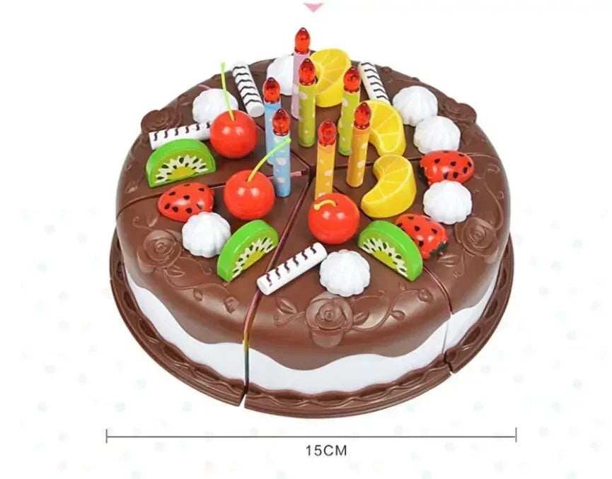 Interactive toy cake with removable slices & decorations, perfect for birthday pretend play.