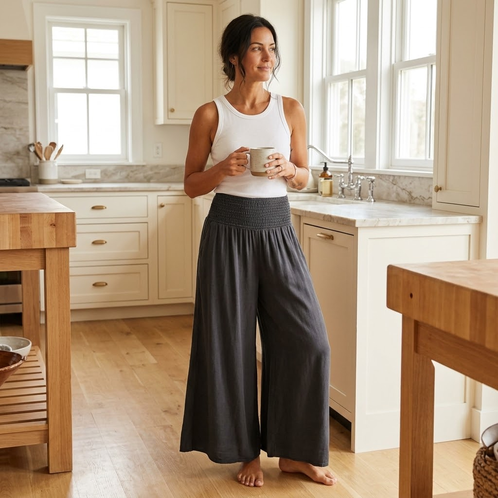Stylish women's wide leg pants, perfect for comfortable, relaxed fit casual wear.