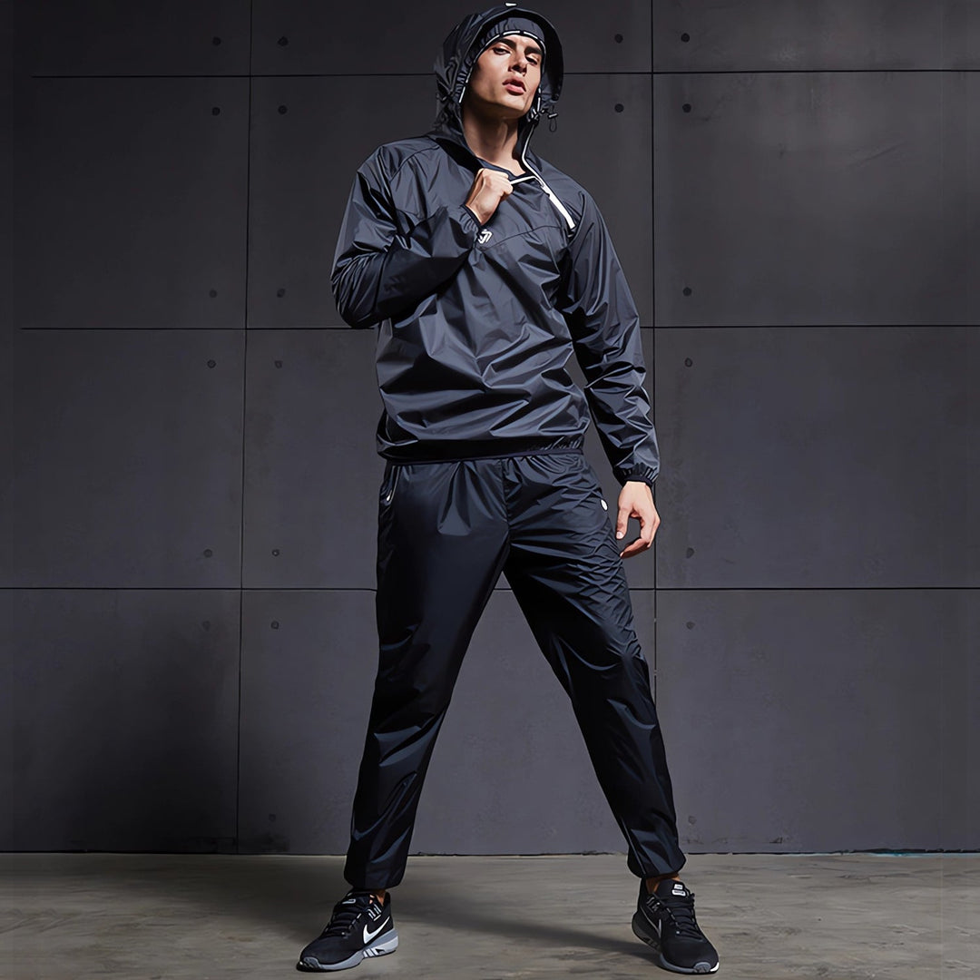 Unisex sauna suit, full view. Enhances workouts, boosts calorie burn & promotes slimming.