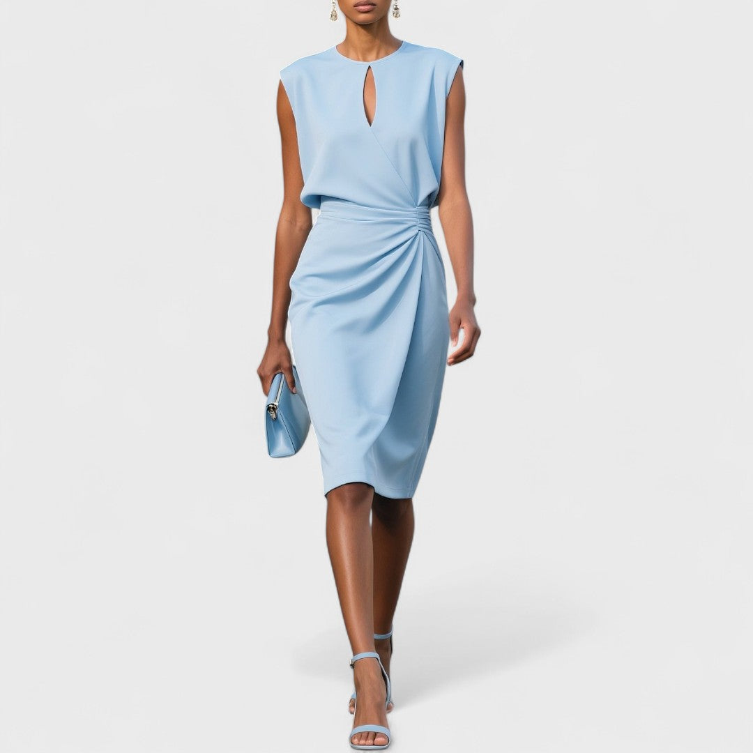 Elegant women's ruched wrap midi dress with keyhole neckline, perfect for occasions & parties.
