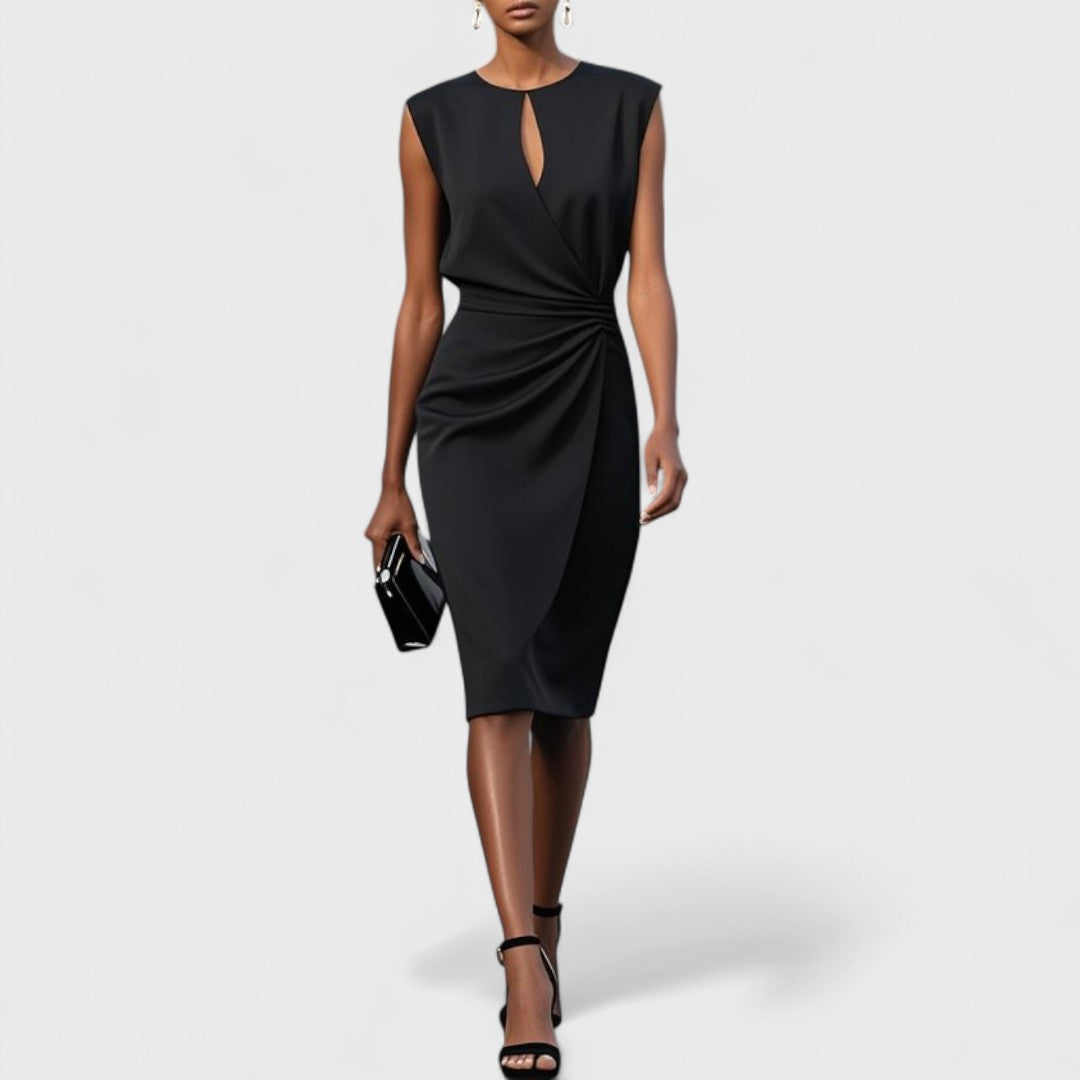 Elegant women's ruched wrap midi dress, fitted silhouette. A chic option for spring fashion or occasion wear.