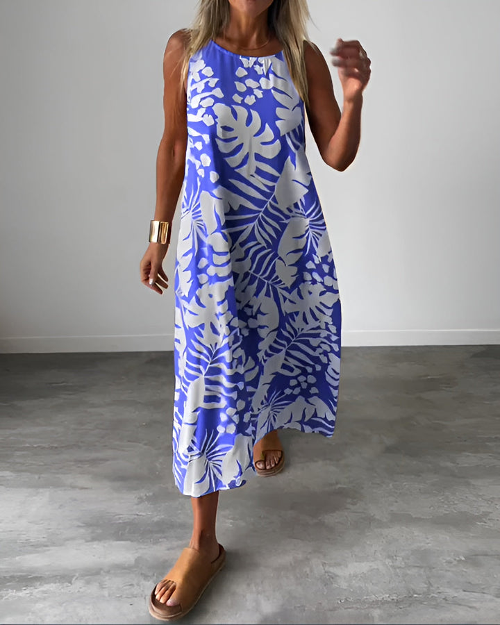 Stylish women's tropical print sleeveless maxi dress, ideal for casual wear, summer outings & beach vacations.