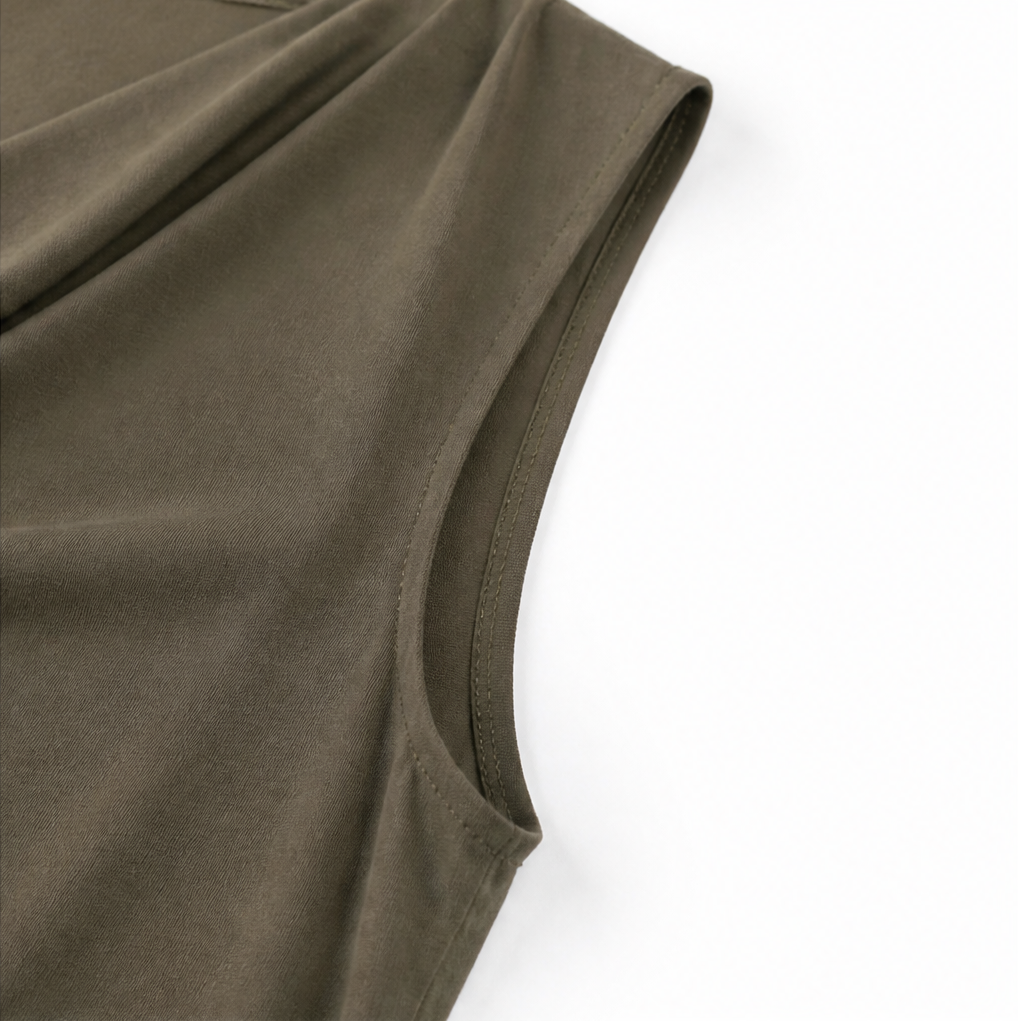 Effortless women's mini dress with a draped cowl neck, sleeveless and a relaxed shift fit.