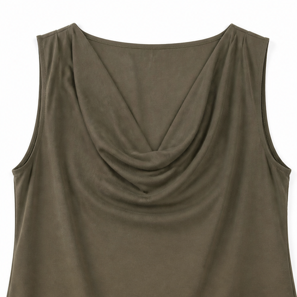 Chic women's casual mini dress: sleeveless, cowl neck, shift style, perfect for summer days.